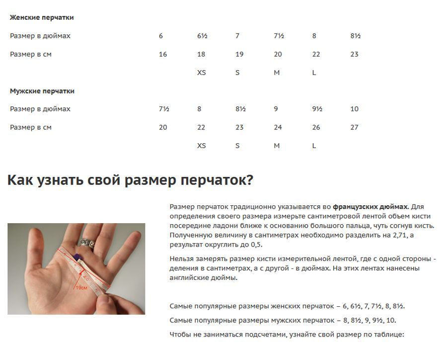 Размеры варежек для женщин таблица на русском